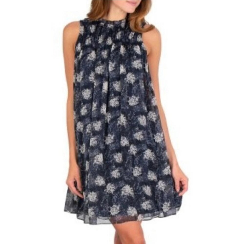 Joie SZL NWT Silky Navy Baltic Print smocked dress Dressy Office Boho Romantic - Picture 3 of 13